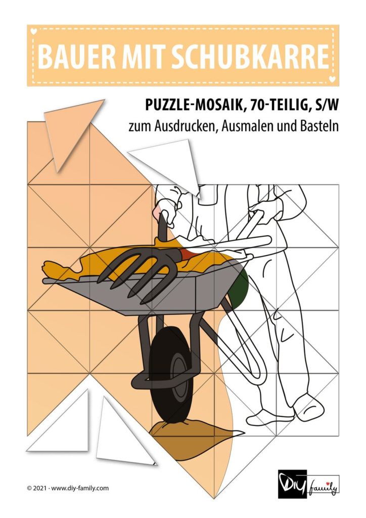 Bauer mit Schubkarre – Mosaikpuzzle zum Ausschneiden und Ausmalen
