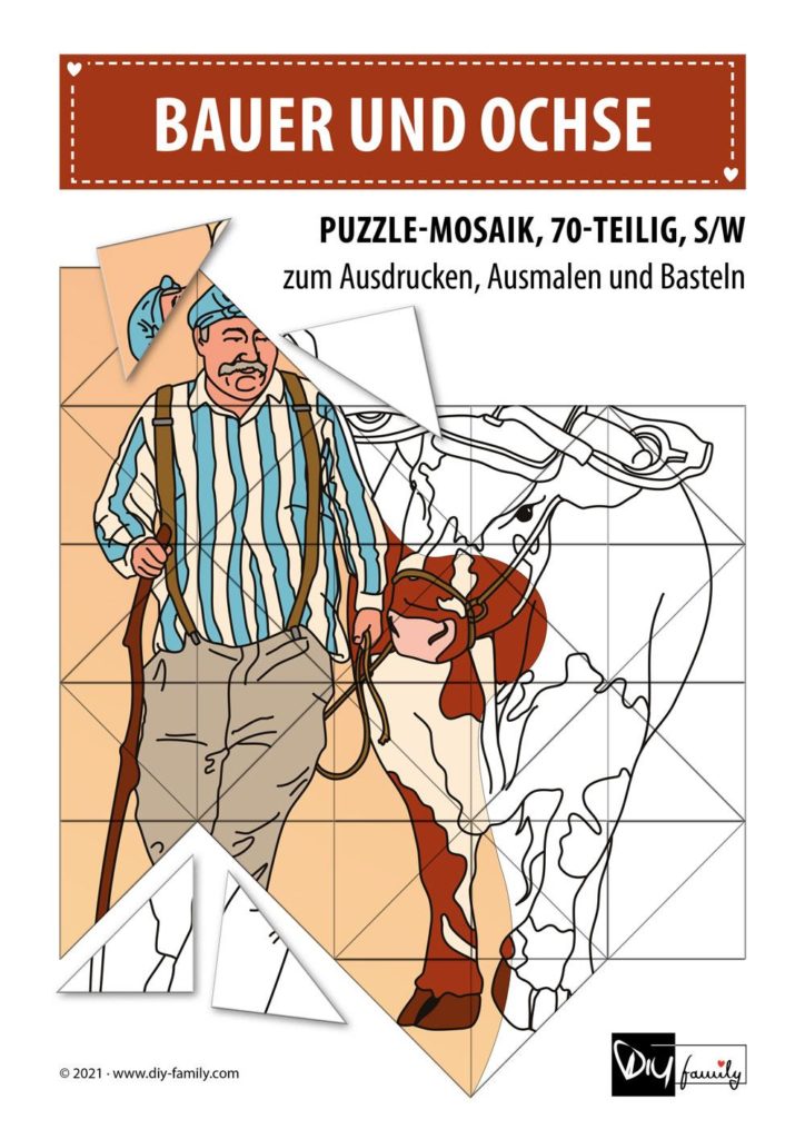 Bauer mit Ochse – Mosaikpuzzle zum Ausschneiden und Ausmalen