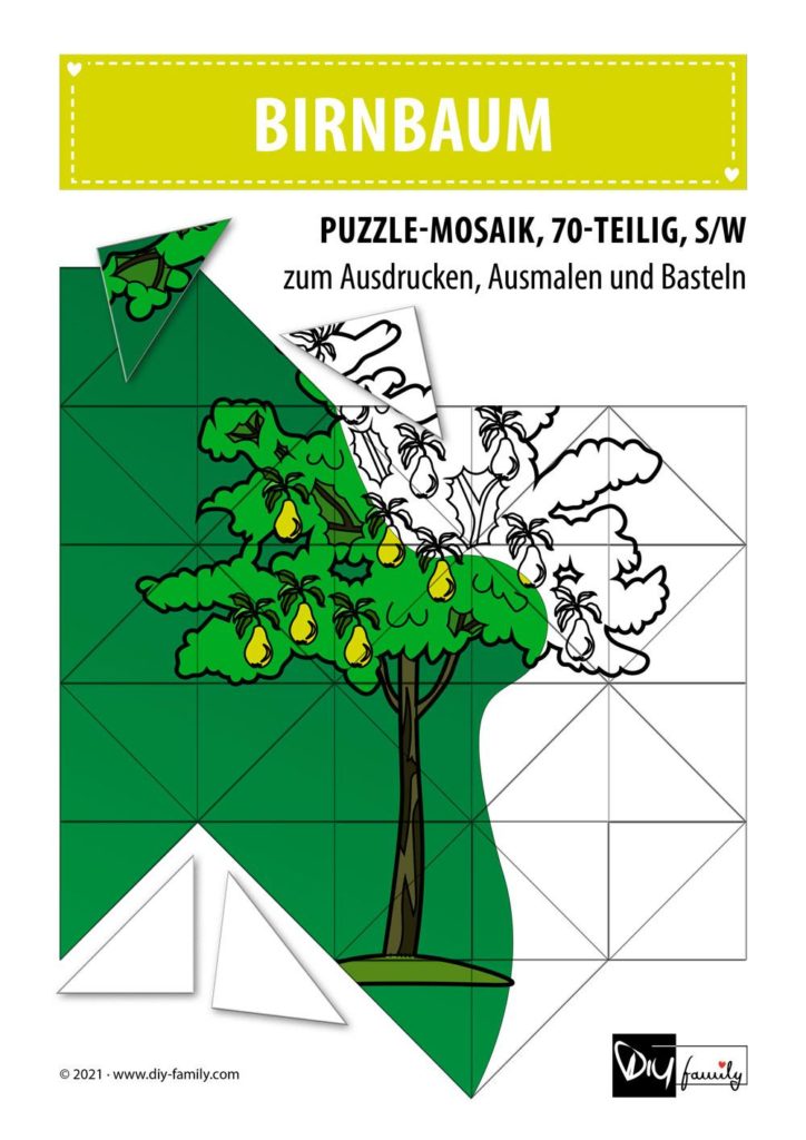 Birnbaum – Mosaikpuzzle zum Ausschneiden und Ausmalen