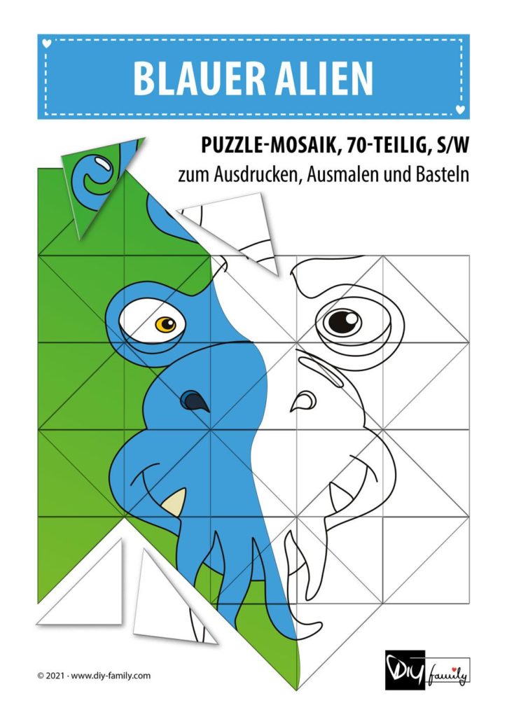 Blauer Alien – Mosaikpuzzle zum Ausschneiden und Ausmalen