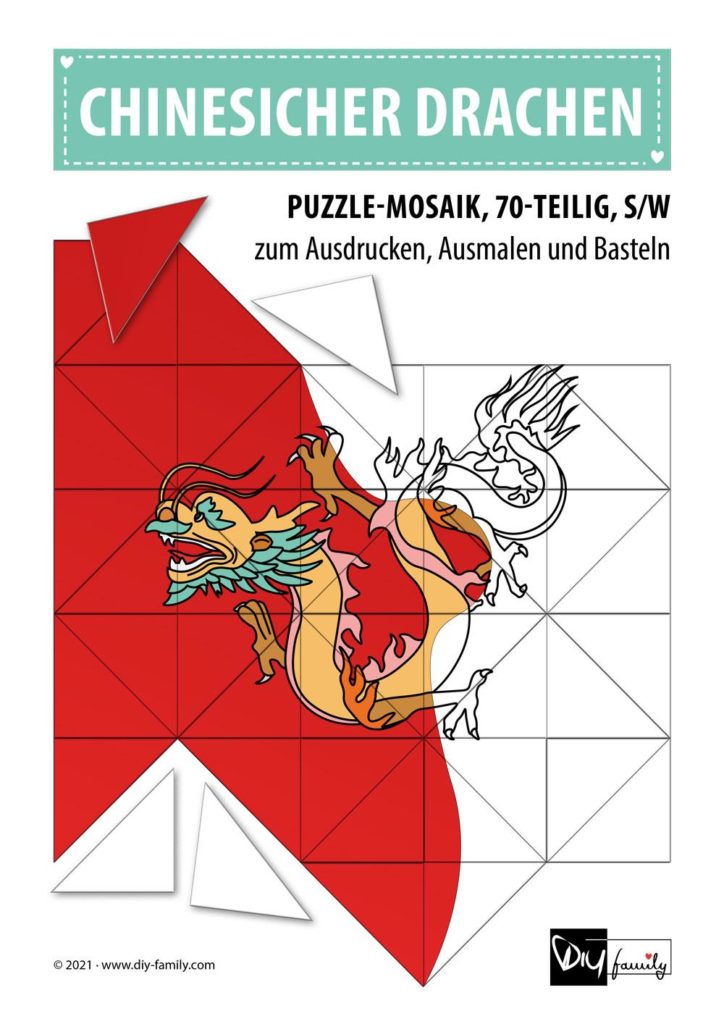 Chinesischer Drachen – Mosaikpuzzle zum Ausschneiden und Ausmalen