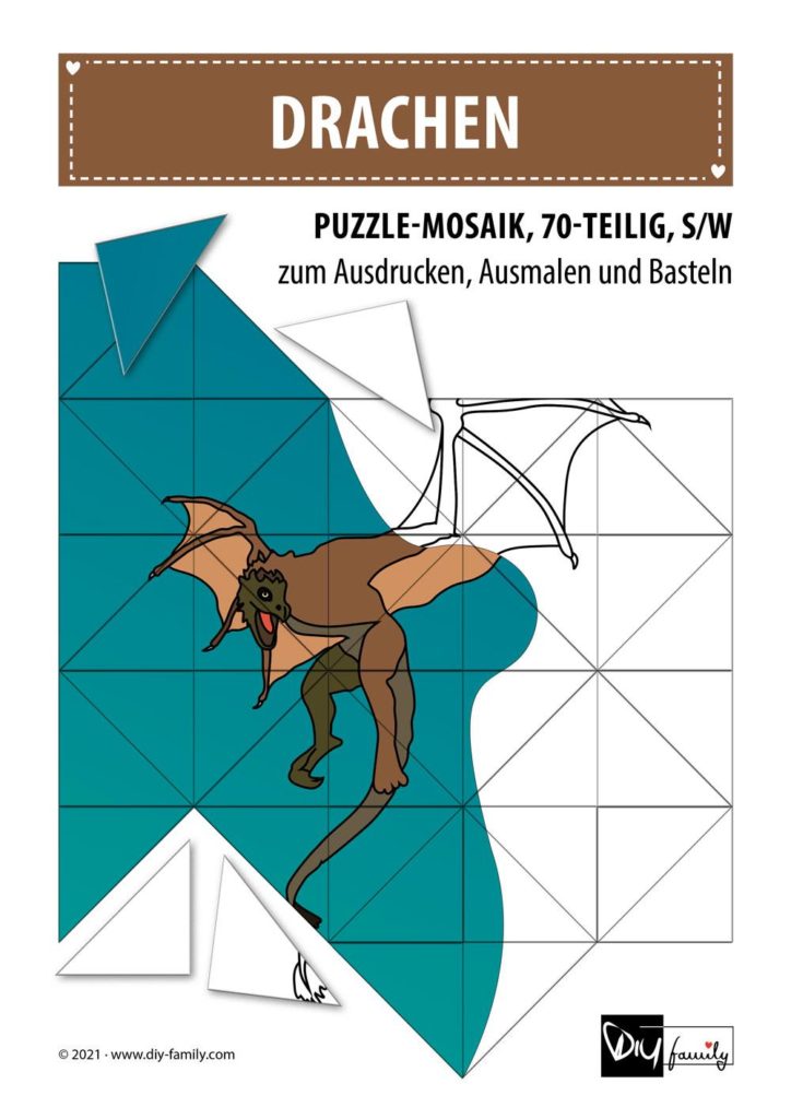 Drachen – Mosaikpuzzle zum Ausschneiden und Ausmalen