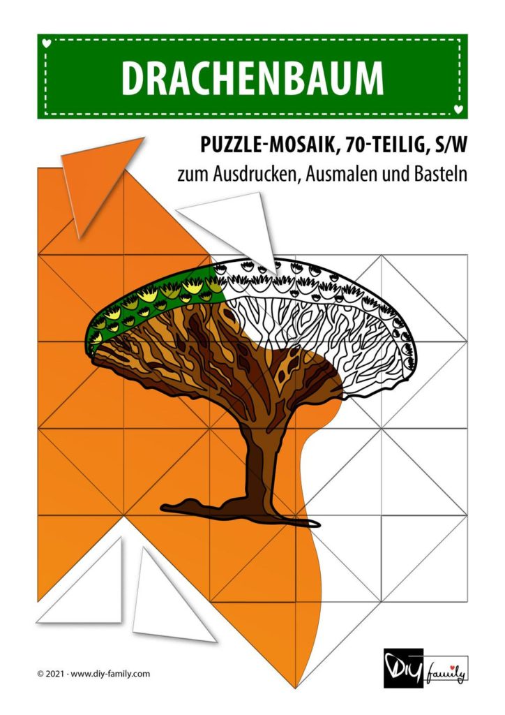 Drachenbaum – Mosaikpuzzle zum Ausschneiden und Ausmalen