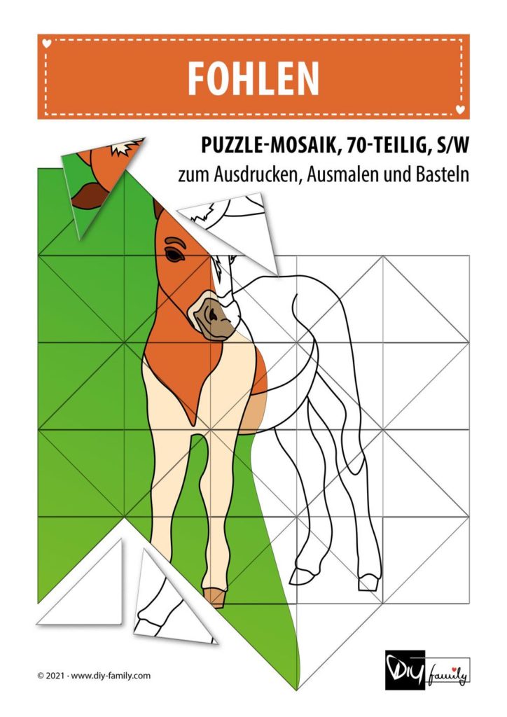 Fohlen – Mosaikpuzzle zum Ausschneiden und Ausmalen