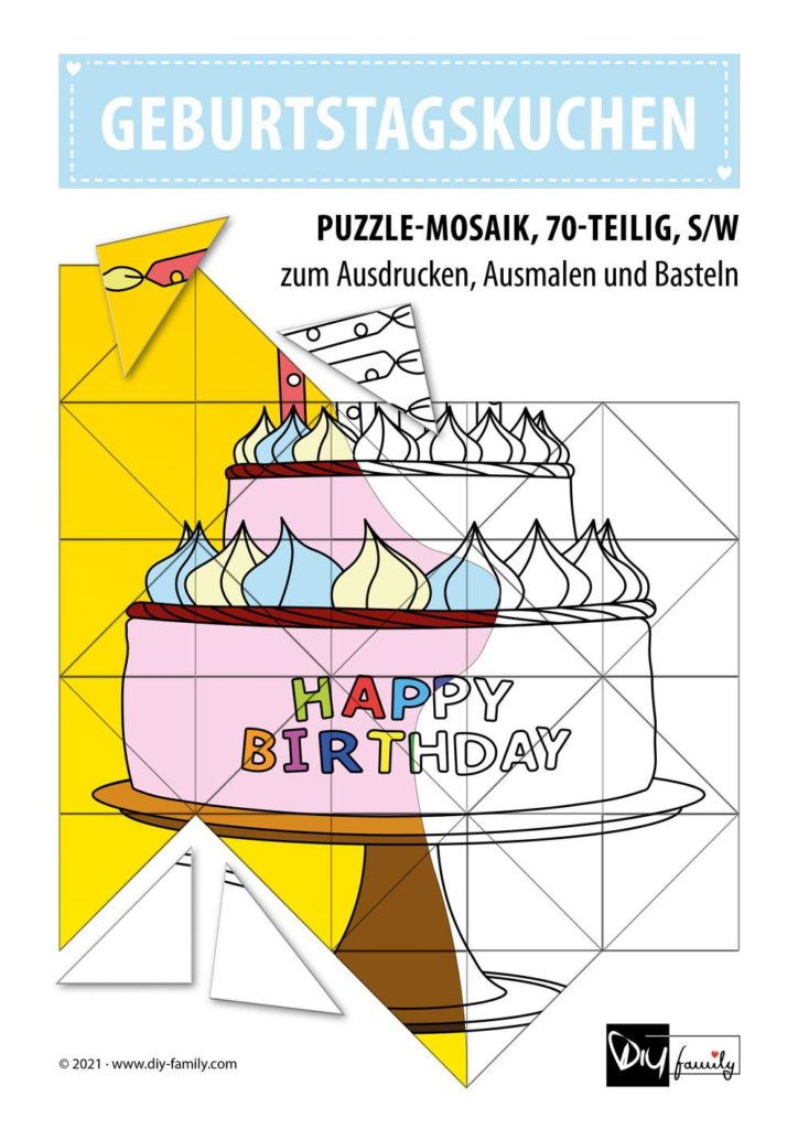 Geburtstagskuchen – Mosaikpuzzle zum Ausschneiden und Ausmalen