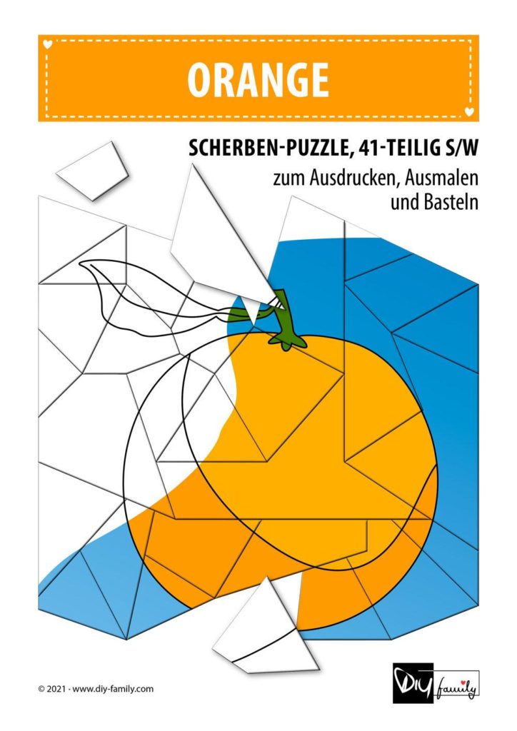 Orange – Scherben-Puzzle zum Ausdrucken, Ausschneiden und Ausmalen