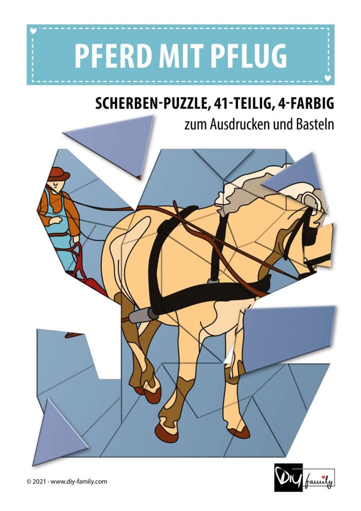 Pferd mit Pflug – Scherben-Puzzle zum Ausdrucken und Ausschneiden
