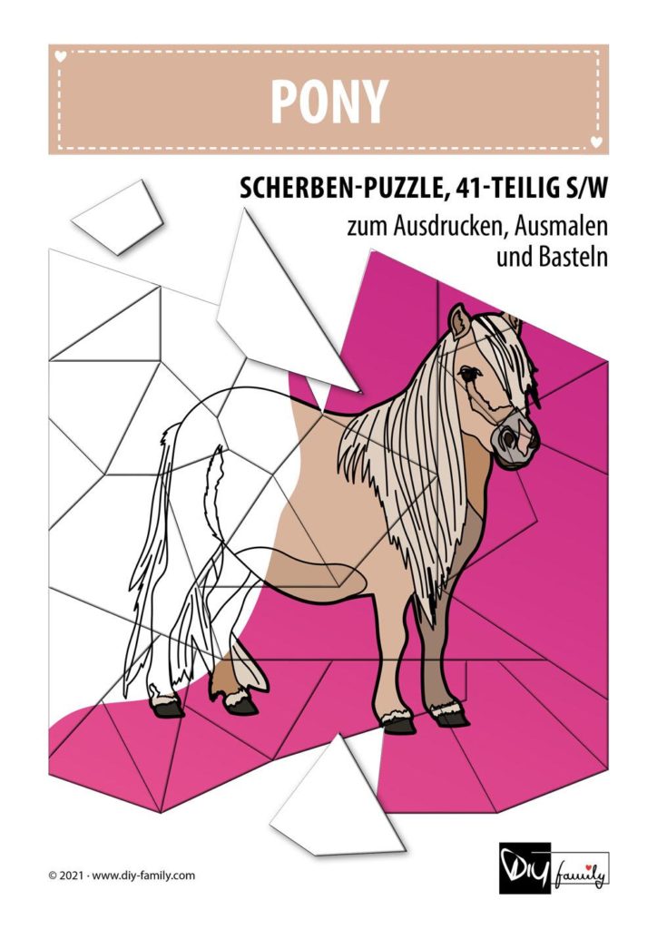 Pony – Scherben-Puzzle zum Ausdrucken, Ausschneiden und Ausmalen