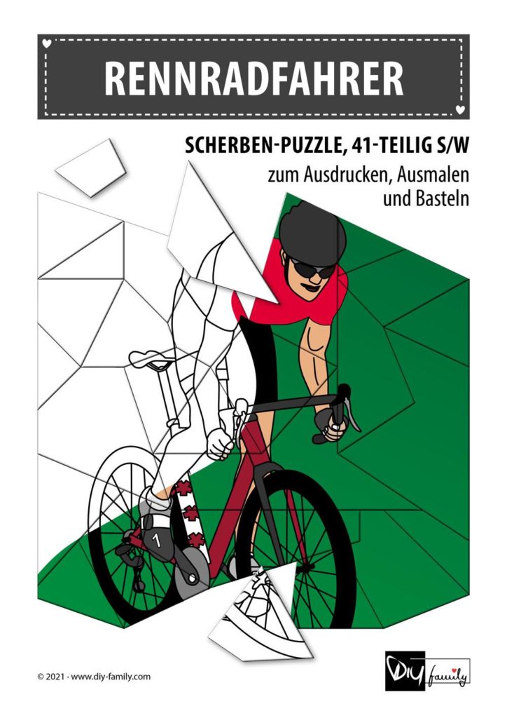 Rennradfahrer – Scherben-Puzzle zum Ausdrucken, Ausschneiden und Ausmalen