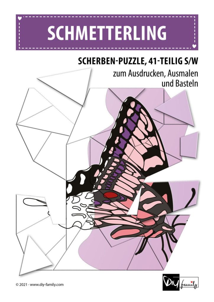 Schmetterling – Scherben-Puzzle zum Ausdrucken, Ausschneiden und Ausmalen