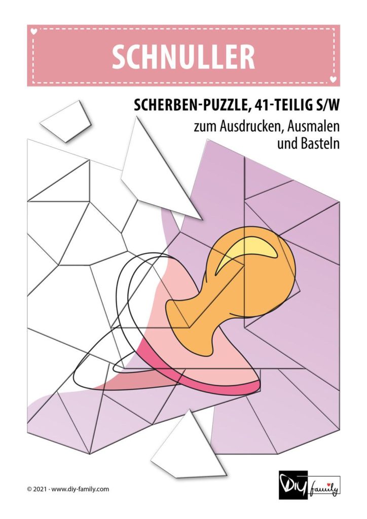 Schnuller – Scherben-Puzzle zum Ausdrucken, Ausschneiden und Ausmalen
