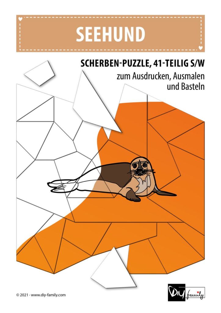 Seehund – Scherben-Puzzle zum Ausdrucken, Ausschneiden und Ausmalen