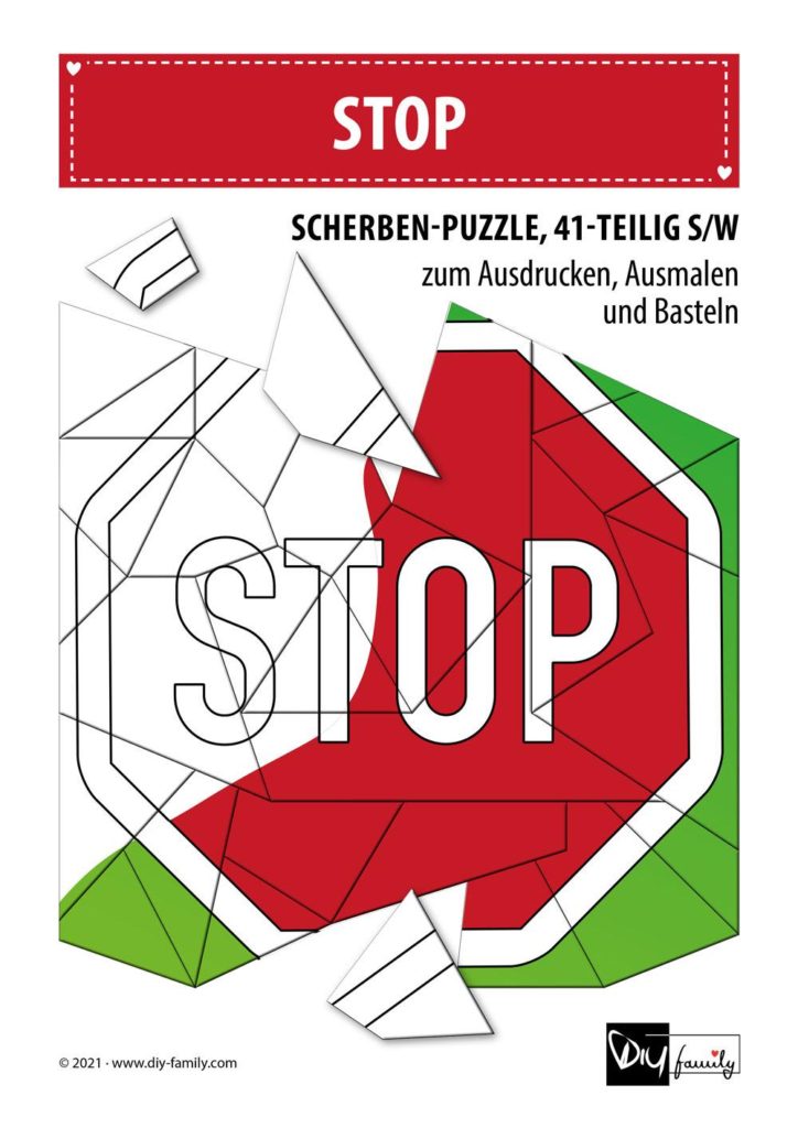 Stop – Scherben-Puzzle zum Ausdrucken, Ausschneiden und Ausmalen