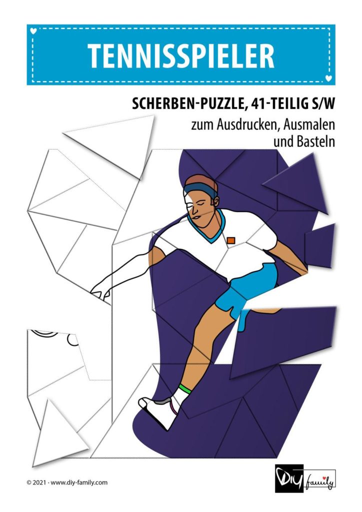 Tennisspieler – Scherben-Puzzle zum Ausdrucken, Ausschneiden und Ausmalen