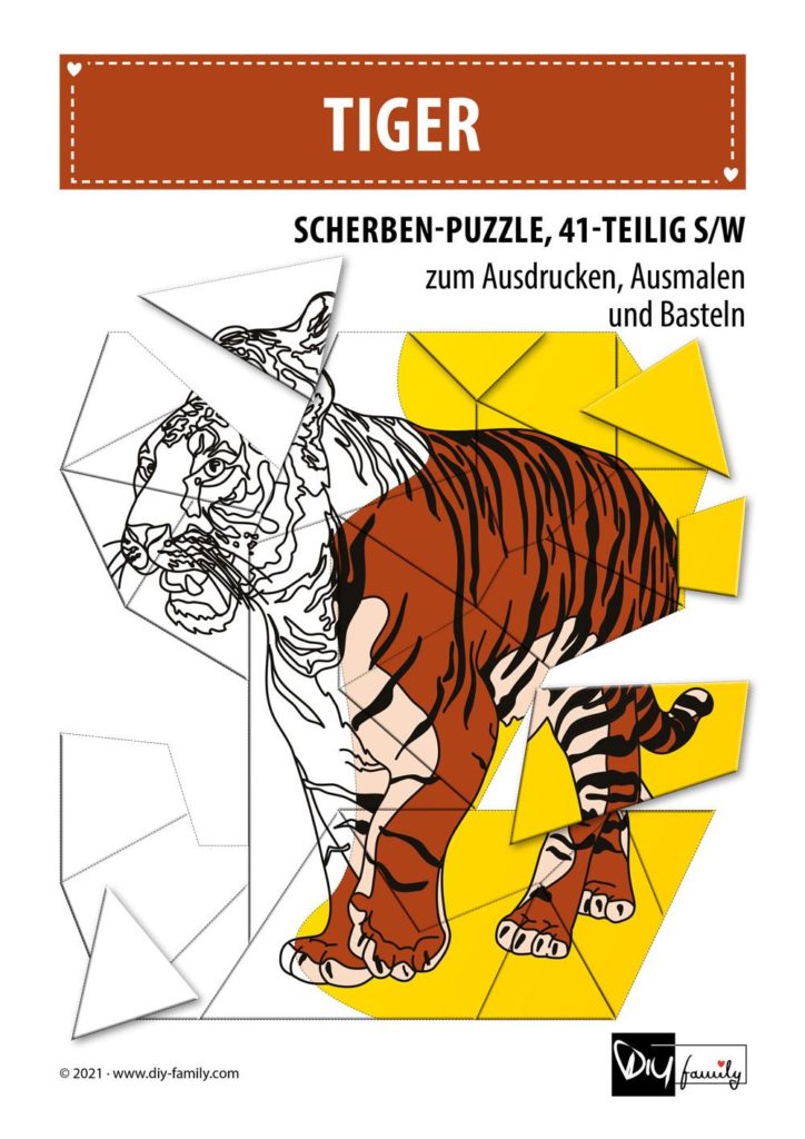 Tiger – Scherben-Puzzle zum Ausdrucken, Ausschneiden und Ausmalen