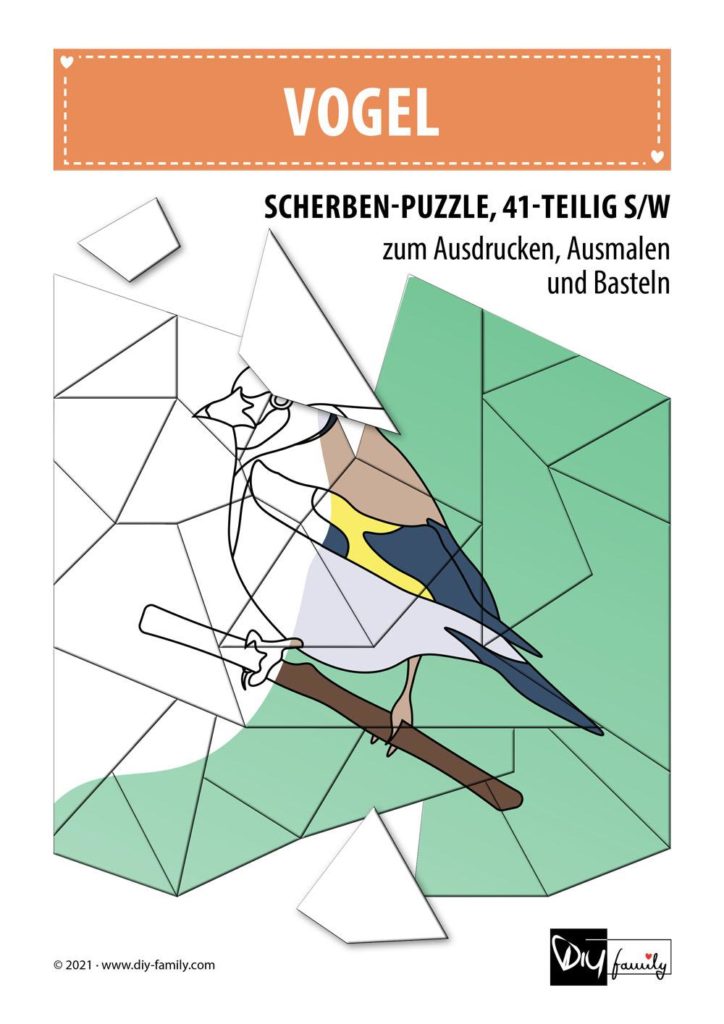 Vogel – Scherben-Puzzle zum Ausdrucken, Ausschneiden und Ausmalen