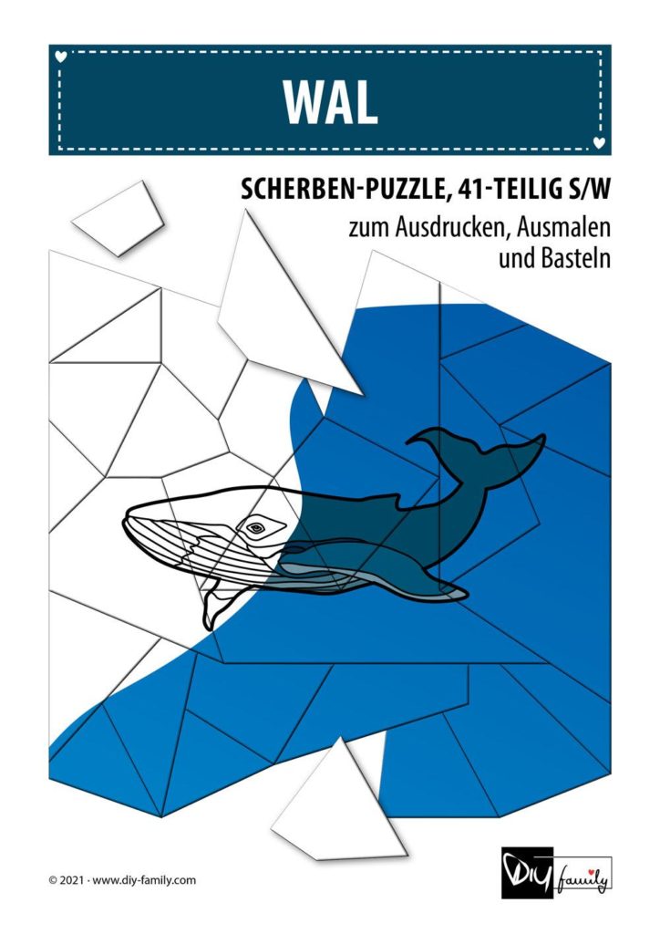 Wal – Scherben-Puzzle zum Ausdrucken, Ausschneiden und Ausmalen