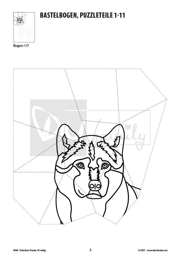 Wolf – Scherben-Puzzle zum Ausdrucken, Ausschneiden und Ausmalen