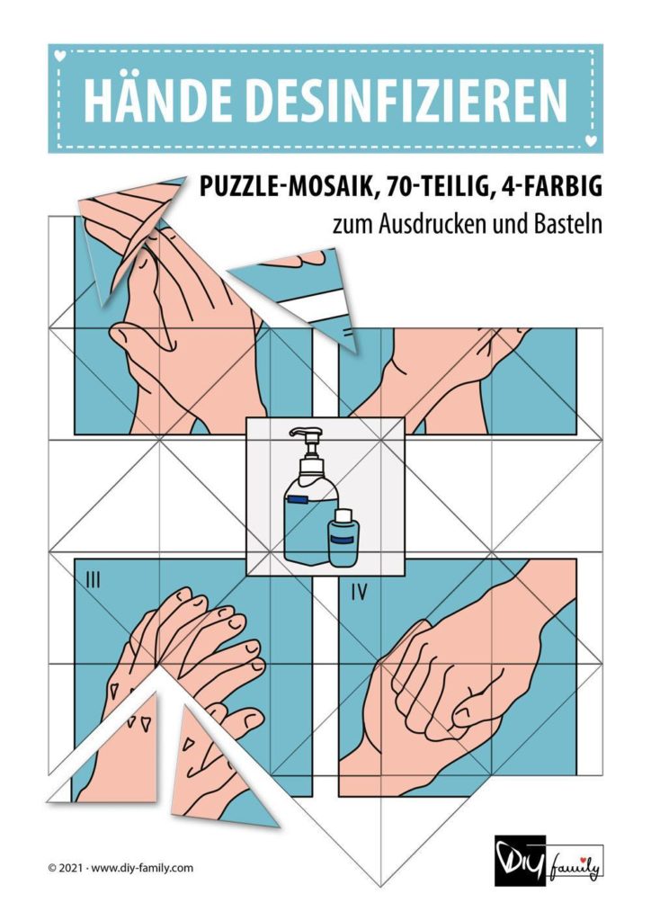 Haende desinfizieren – Mosaikpuzzle zum Ausschneiden und Basteln