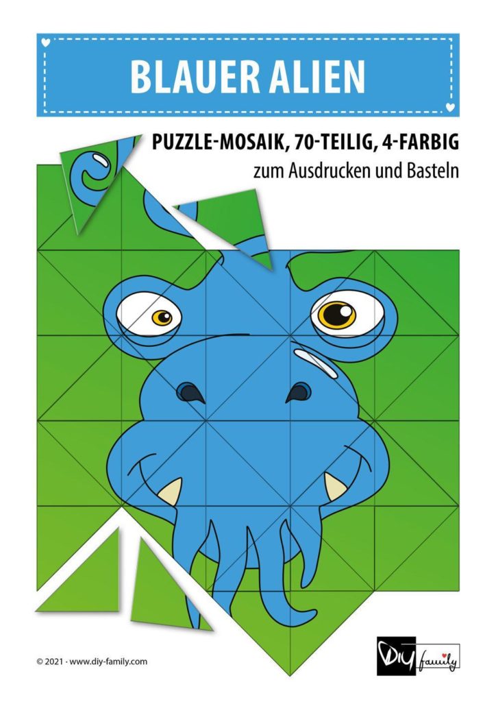 Blauer Alien – Mosaikpuzzle zum Ausschneiden und Basteln