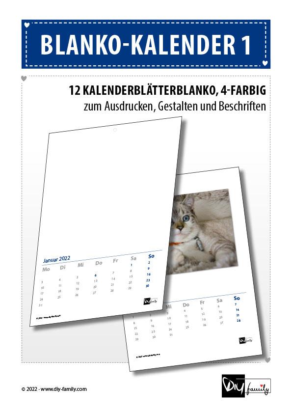 Blanko-Kalender 1 – Kalender zum Ausdrucken, Ausmalen und Beschriften 2022