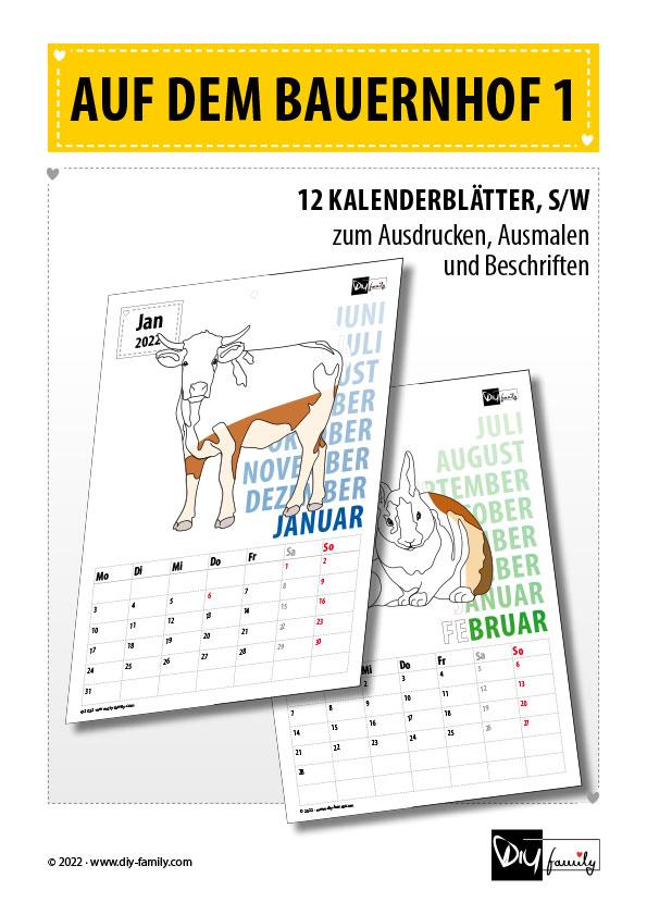 Bauernhof 1 – Kalender zum Ausdrucken, Ausmalen und Beschriften 2022
