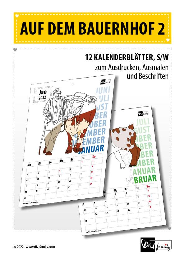 Bauernhof 2 – Kalender zum Ausdrucken, Ausmalen und Beschriften 2022
