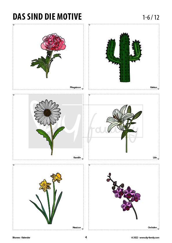 Blumen – Kalender zum Ausdrucken, Ausmalen und Beschriften 2022