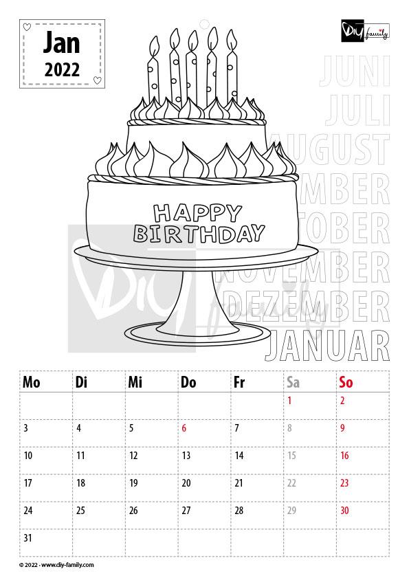 Geburtstag – Kalender zum Ausdrucken, Ausmalen und Beschriften 2022
