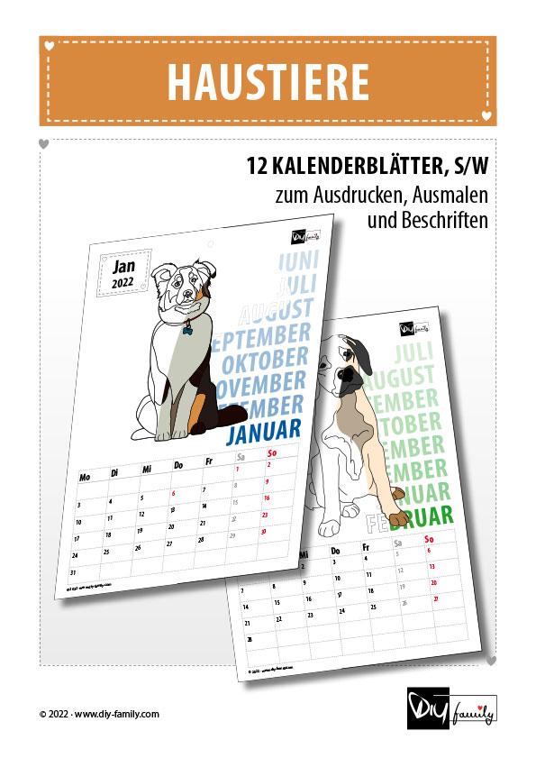 Haustiere – Kalender zum Ausdrucken, Ausmalen und Beschriften 2022