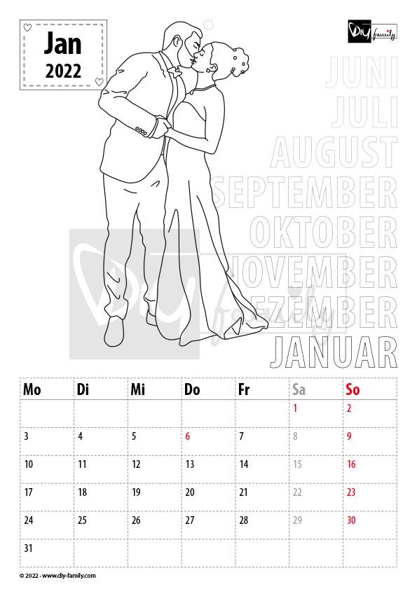 Hochzeit – Kalender zum Ausdrucken, Ausmalen und Beschriften 2022