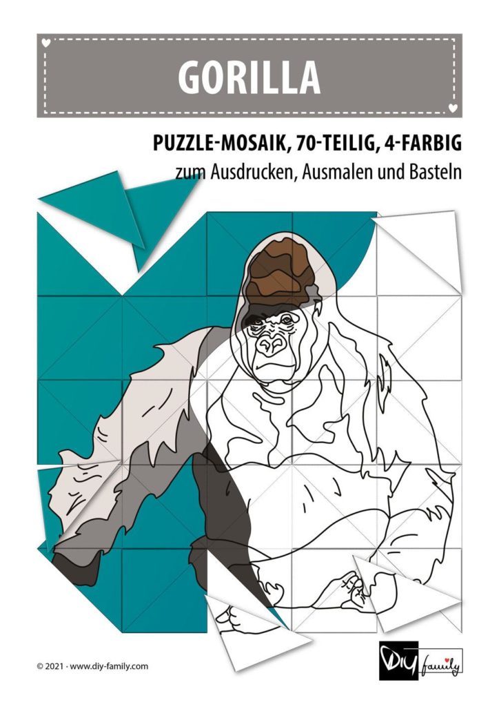 Gorilla – Mosaikpuzzle zum Ausschneiden und Ausmalen