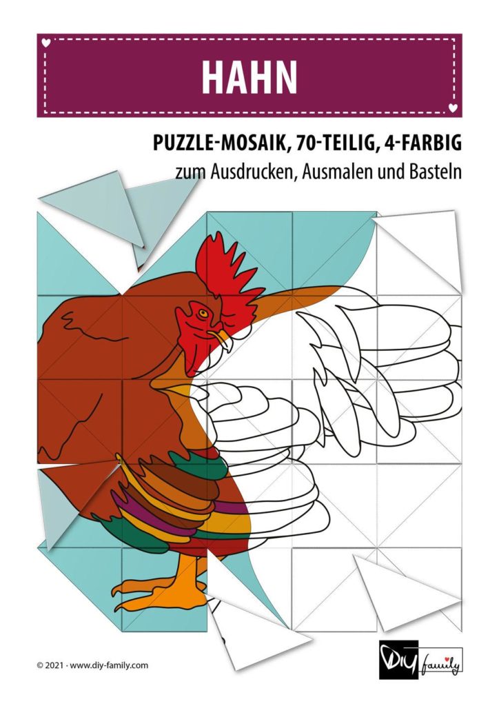 Hahn – Mosaikpuzzle zum Ausschneiden und Ausmalen