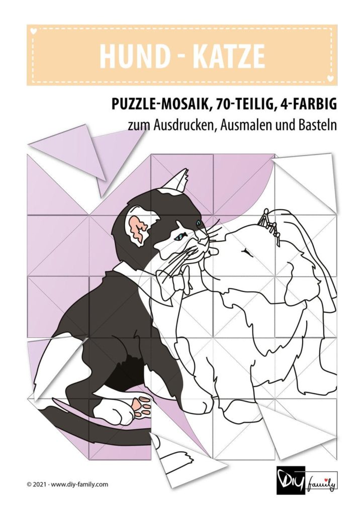 Hund Katze – Mosaikpuzzle zum Ausschneiden und Ausmalen