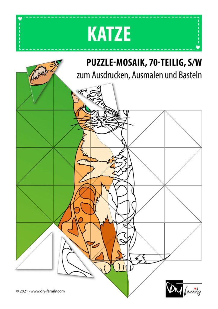 Katze – Mosaikpuzzle zum Ausschneiden und Ausmalen