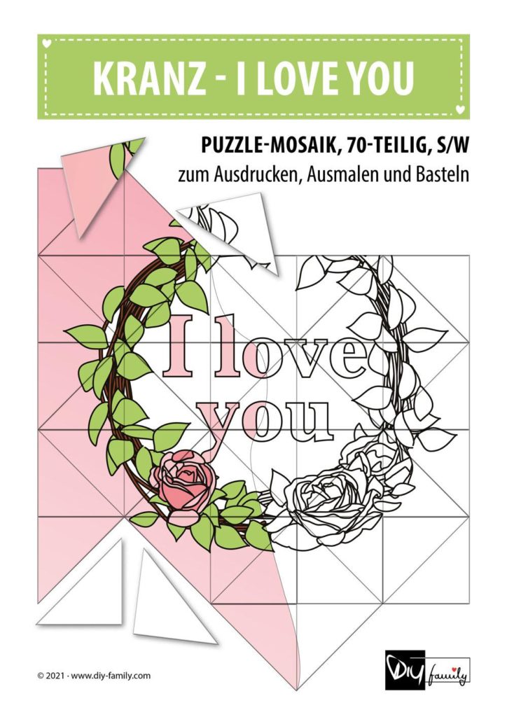 Kranz I Love You – Mosaikpuzzle zum Ausschneiden und Ausmalen