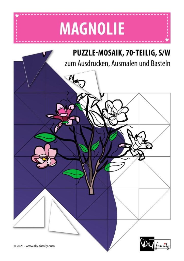 Magnolie – Mosaikpuzzle zum Ausschneiden und Ausmalen