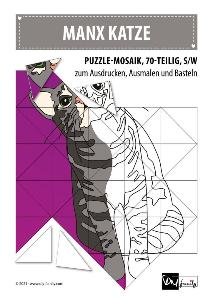 Manx Katze – Mosaikpuzzle zum Ausschneiden und Ausmalen