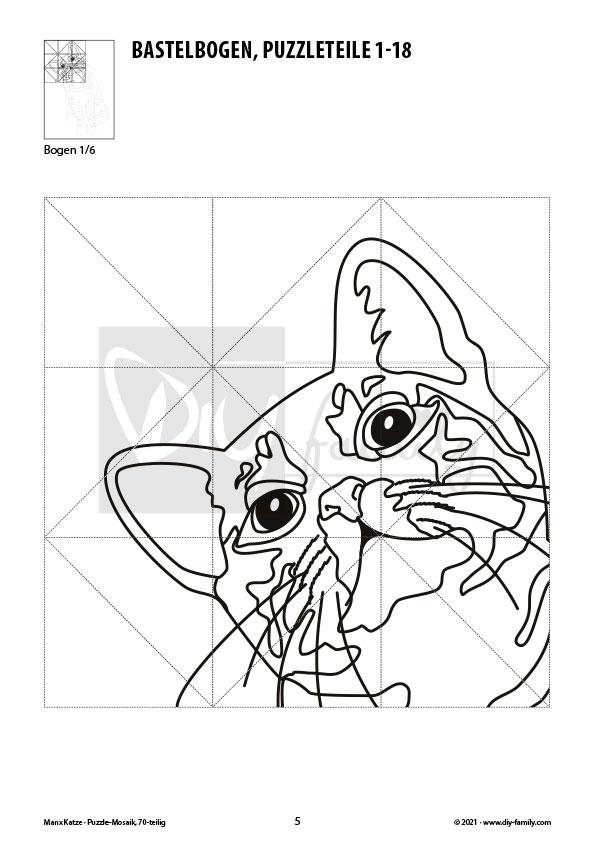 Manx Katze – Mosaikpuzzle zum Ausschneiden und Ausmalen