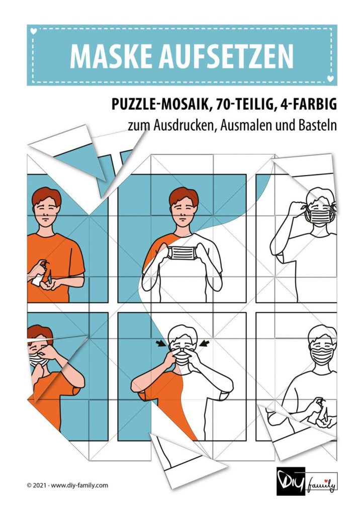 Maske aufsetzen – Mosaikpuzzle zum Ausschneiden und Ausmalen