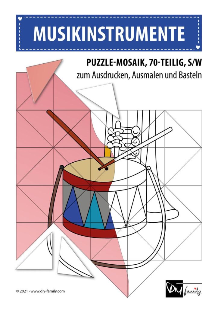 Musikinstrumente – Mosaikpuzzle zum Ausschneiden und Ausmalen