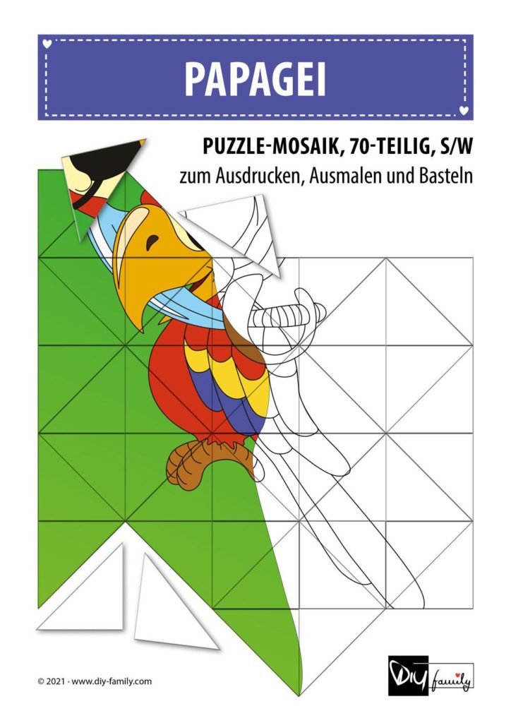Papagei – Mosaikpuzzle zum Ausschneiden und Ausmalen