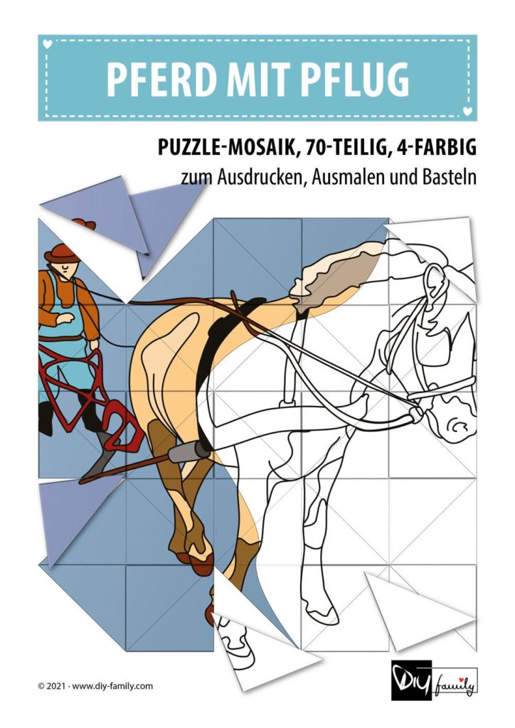 Pferd mit Pflug – Mosaikpuzzle zum Ausschneiden und Ausmalen