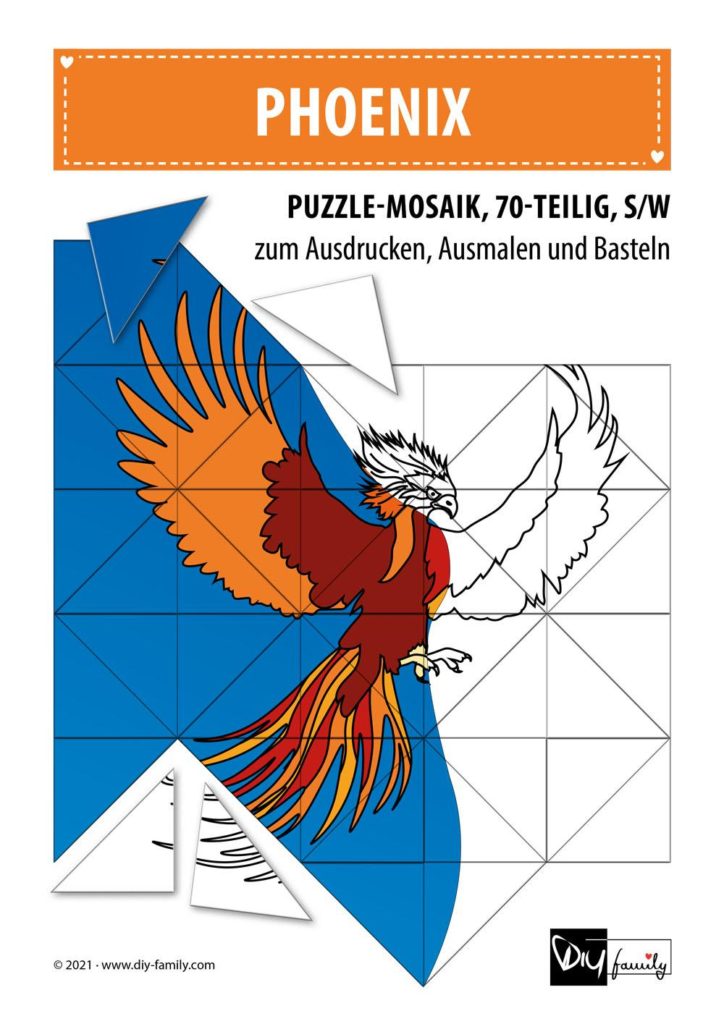 Phoenix – Mosaikpuzzle zum Ausschneiden und Ausmalen