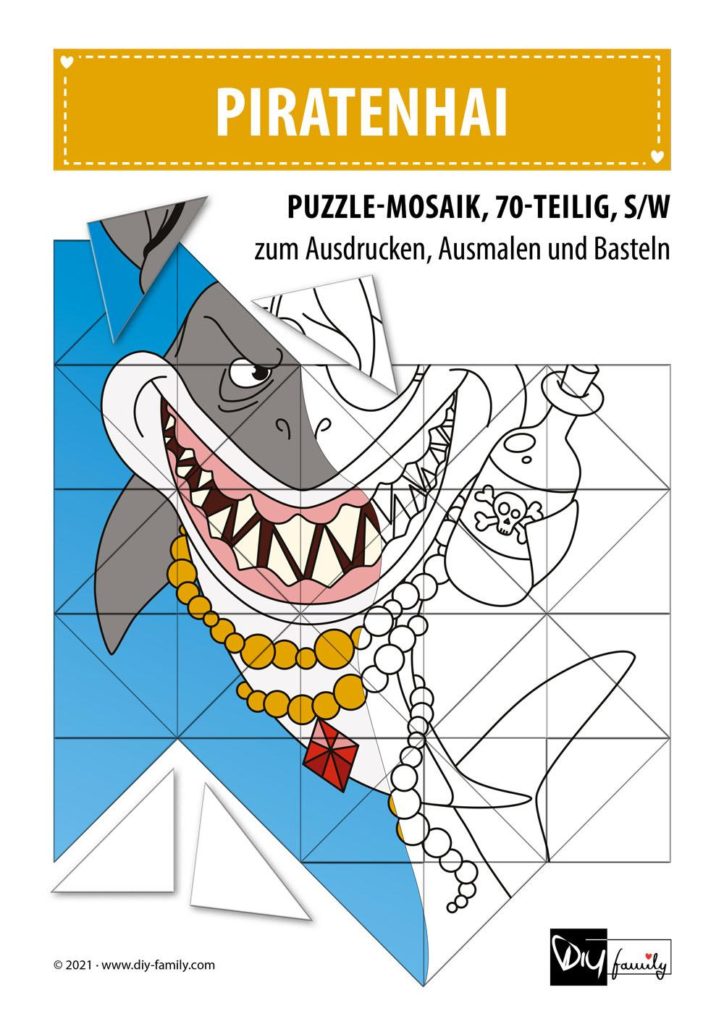 Piratenhai – Mosaikpuzzle zum Ausschneiden und Ausmalen