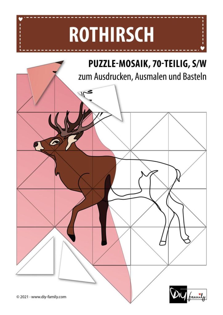 Rotshirsch – Mosaikpuzzle zum Ausschneiden und Ausmalen