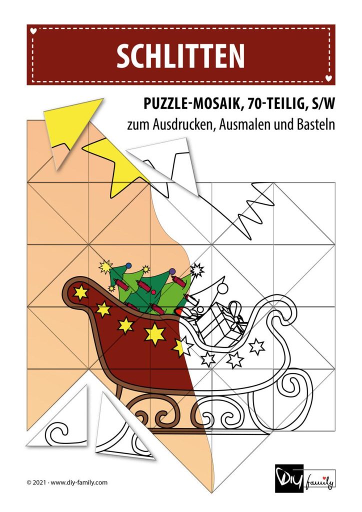 Schlitten – Mosaikpuzzle zum Ausschneiden und Ausmalen