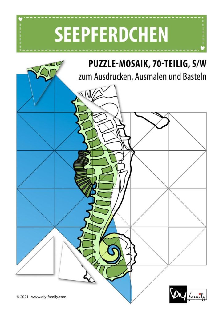 Seepferdchen – Mosaikpuzzle zum Ausschneiden und Ausmalen