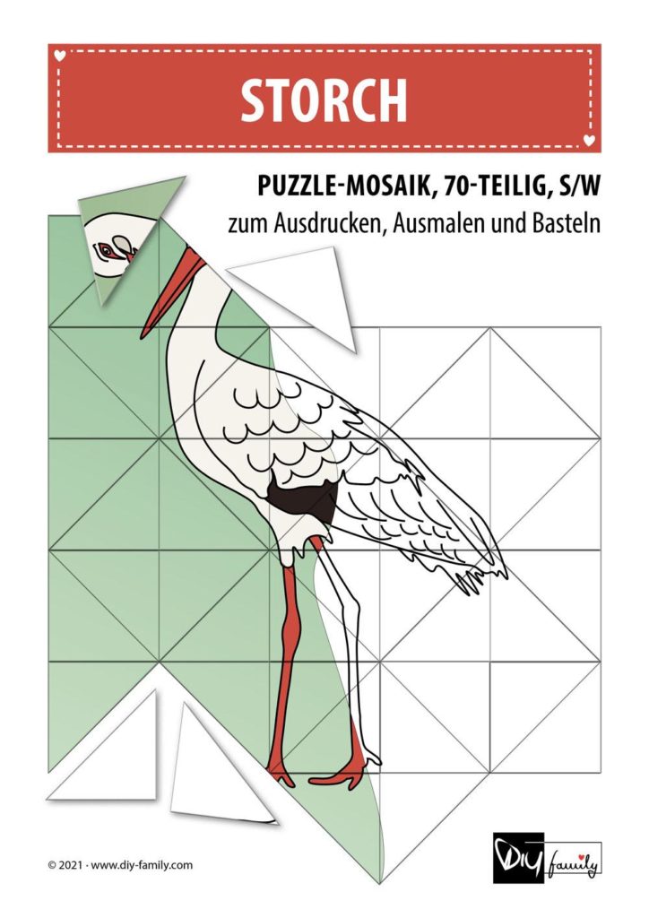 Storch – Mosaikpuzzle zum Ausschneiden und Ausmalen