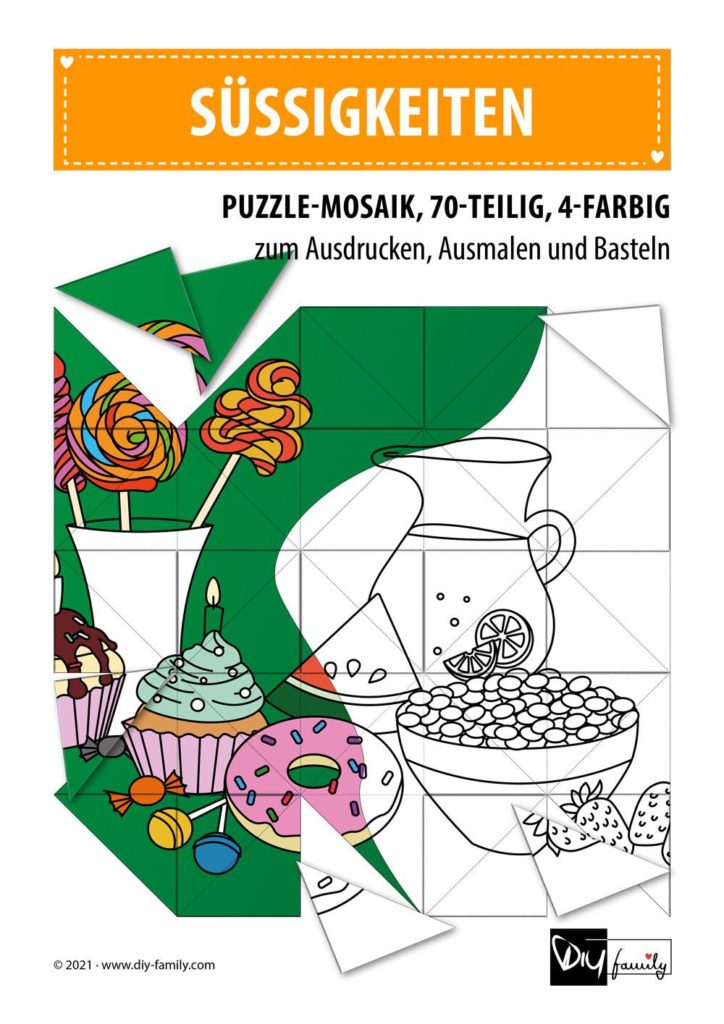 Suessigkeiten – Mosaikpuzzle zum Ausschneiden und Ausmalen